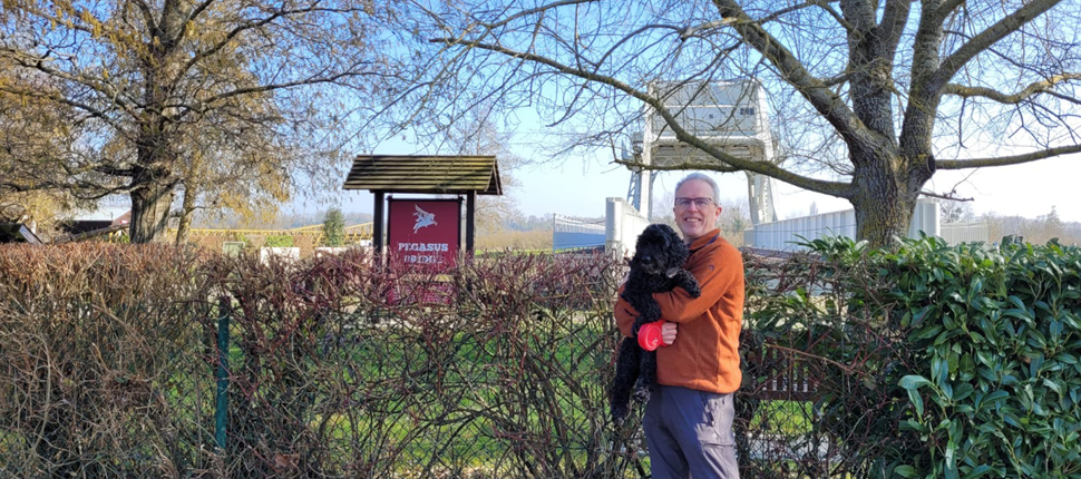 Ian Sheekey and Marty visiting Pegasus Bridge