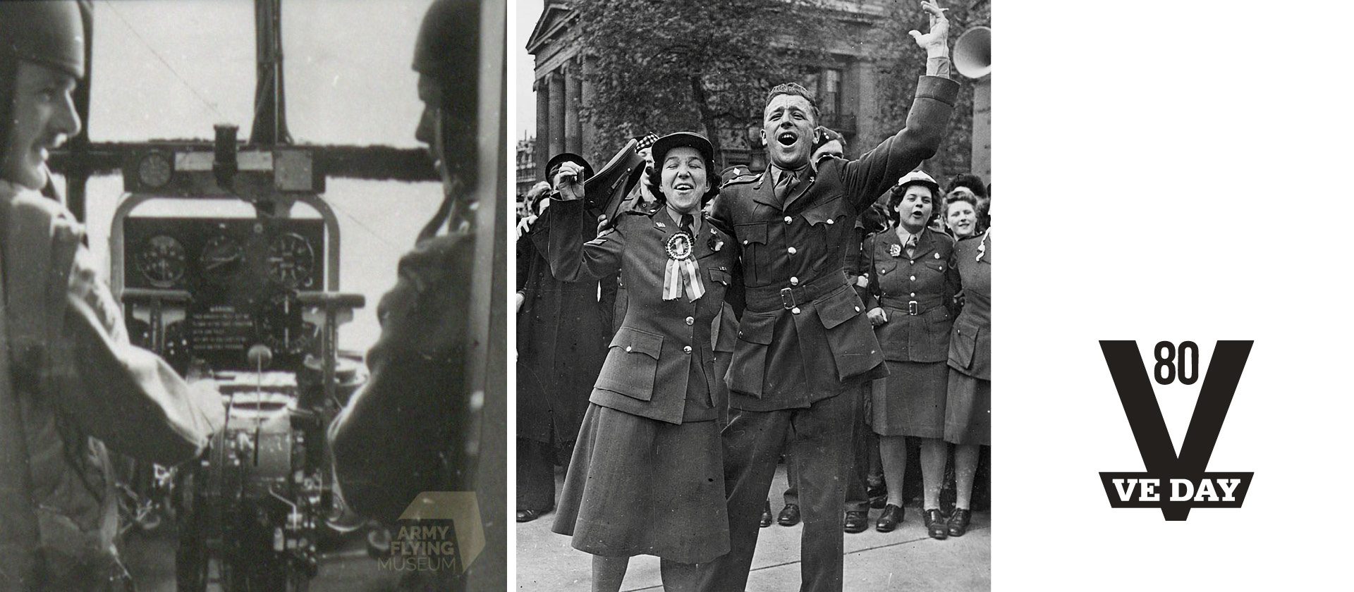 VE Day 80 - horsa glider pilots, street celebrations and VE Day Logo